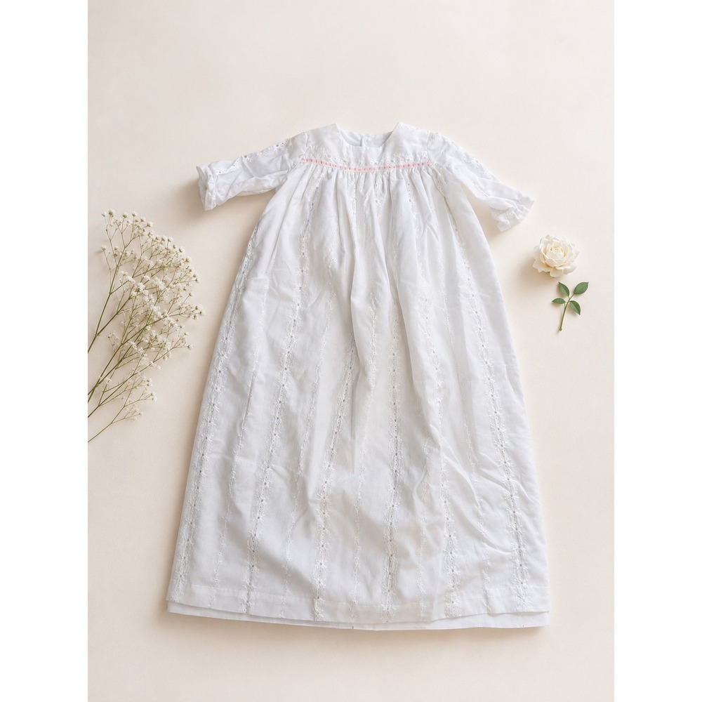 Vintage 60's 70's Baby Girl Christening Baptism Gown Dress Eyelet Lace Cottage - Picture 1 of 7